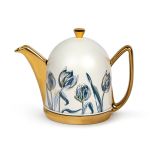 Bredemeijer Teapot Cosy Manto Tulip Design Stoneware Gold Body 1.0L With Printed White Ceramic Casing And Stainless Steel Fine Mesh Filter - BR132003