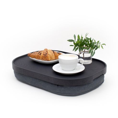 Bosign Lap Tray Curveline Large Antislip Finish Large Willow Wood Top In Black Matte With Salt And Pepper Grey Removeable Cotton Cushion - B261352