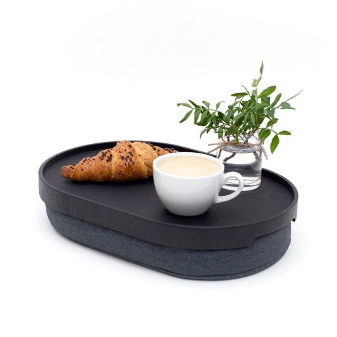 Bosign Lap Tray Curveline Medium Antislip Finish Large Willow Wood Top In Black Matte With Salt And Pepper Grey Removeable Cotton Cushion - B261353