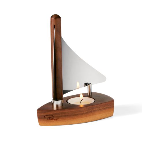 Philippi Tealight Holder Kogge Design With Sail In Walnut Wood And Mirror Polished Stainless Steel - PH353018