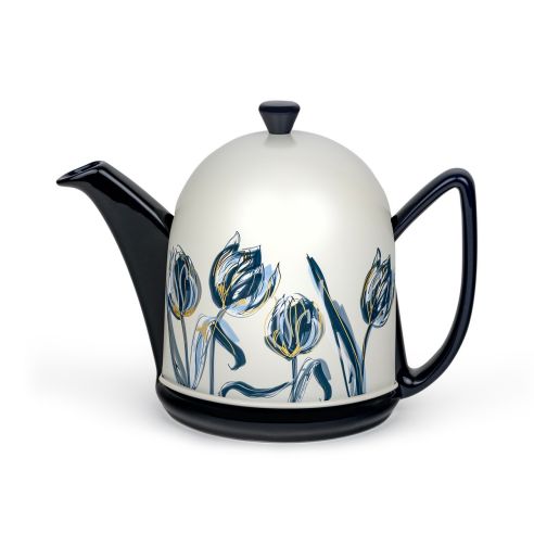 Bredemeijer Teapot Cosy Manto Tulip Design Stoneware Black Body 1.0L With Printed White Ceramic Casing And Stainless Steel Fine Mesh Filter - BR132002