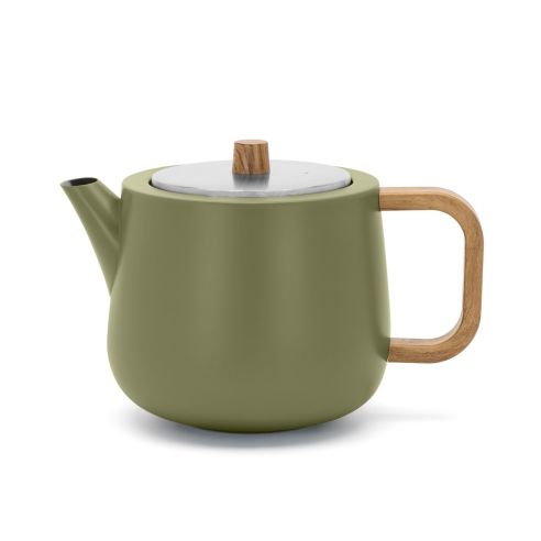 Bredemeijer Teapot Double Wall Duet Facet Design 1.1L in Khaki Green With Wood Look Fittings - BR111080