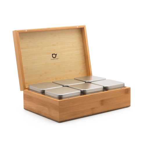 Bredemeijer Tea Box With 6 Aluminium Square Canisters And A Solid Lid in Natural Bamboo With Slight Damage To Outer Surface - BR184000Z1
