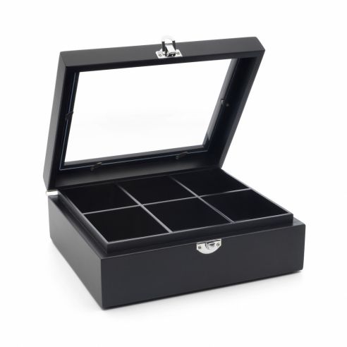 Bredemeijer Tea Box With 6 Separate Inner Compartments And A Window Lid in Black Bamboo With Scratches & Marks To Glass - BR184011Z1