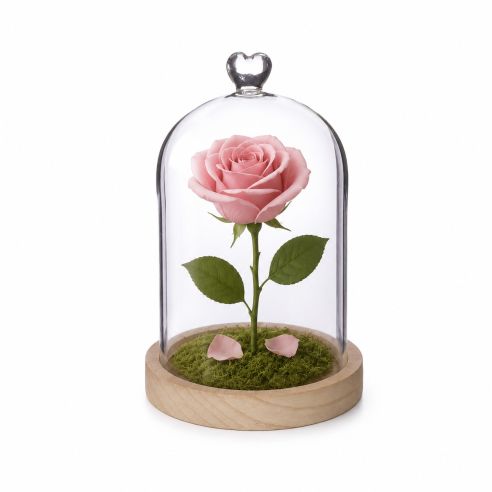 Ideas4Seasons Dome Bell Jar with Heart Top Decal And Wood Base Diameter 12cm Ht18.5cm - ID29363