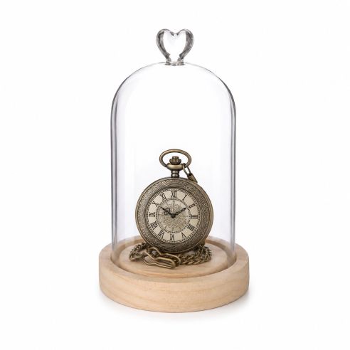 Ideas4Seasons Dome Bell Jar with Heart Top Decal And Wood Base Diameter 10cm Ht18.0cm - ID29368