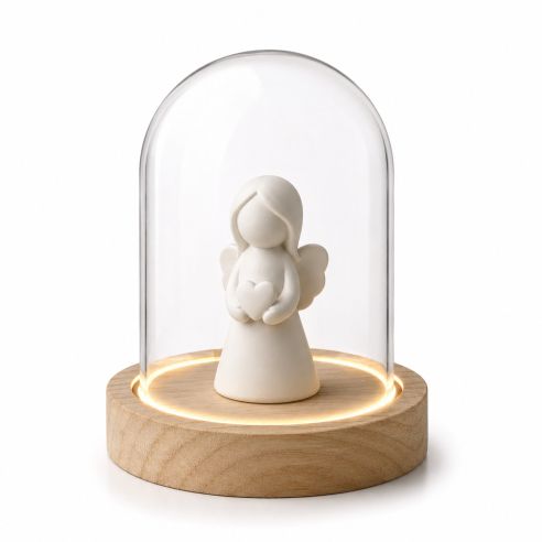 Ideas4Seasons Dome Bell Jar With LED Lit Wooden Base Diameter 12cm Ht13.5cm - ID29492