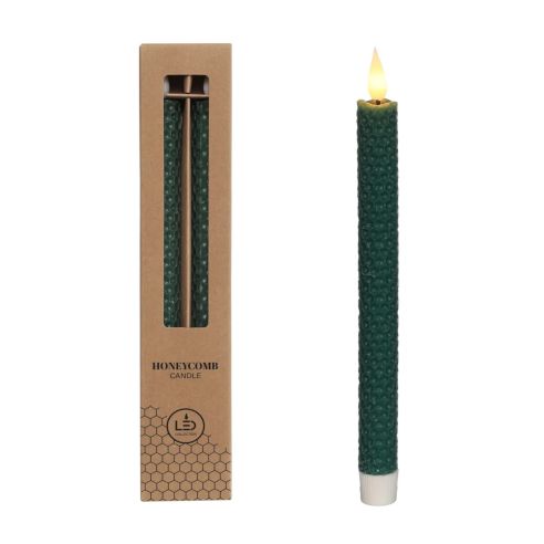 Ideas4Seasons LED Honeycomb Candle Set of 2 Diameter 2.2cm Ht 25cm Moss Green With Timer - ID32680