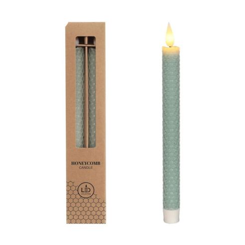 Ideas4Seasons LED Honeycomb Candle Set of 2 Diameter 2.2cm Ht 25cm Eucalyptus Green With Timer - ID32685