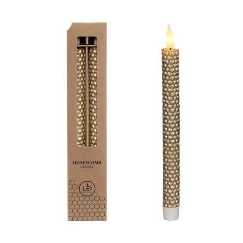Ideas4Seasons LED Honeycomb Candle Set of 2 Diameter 2.2cm Ht 25cm Gold With Timer - ID32692