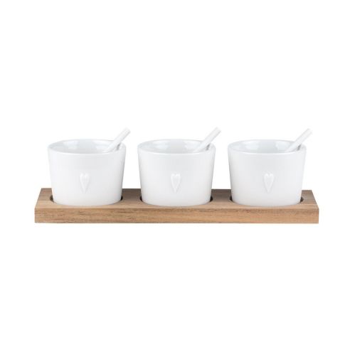Rader Condiment Bowls In Porcelain With Spoons And Heart Decal Set of 3 On Acacia Wood Board - RA15691