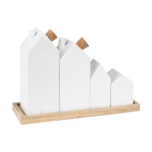 Rader Cruet Set In Porcelain House Design On Acacia Board - RA16638