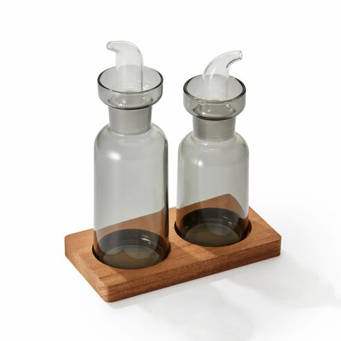Philippi Oil And Vinegar Bottles With Walnut Wood Stand Duo Design - PH117014