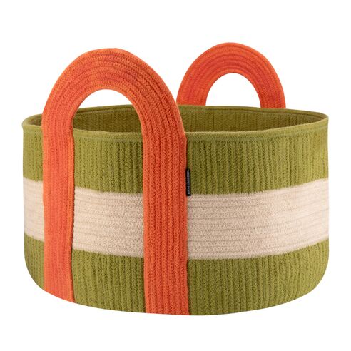 Remember Storage Basket Colombo Design In Shallow Size Made Of Sewn Cotton Rope In Green With 2 Carry Handles - REHAK05